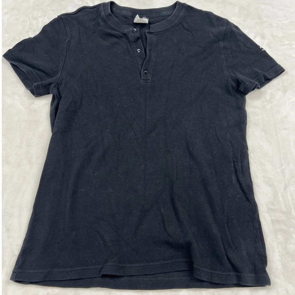 Chanel Uniform Henley Top Womens M Black Short Sleeve Pique CC Logo 20P